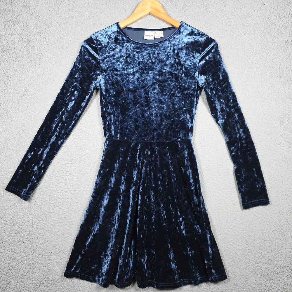 Manguun Dress Kids Size Large Navy Blue Velvet Long Sleeve Midi  A Line Skater
